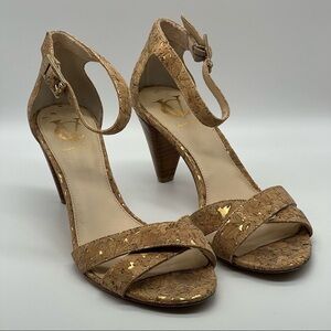 Vince Camuto VC Signature Gold & Tan Cork Open Toed Heels